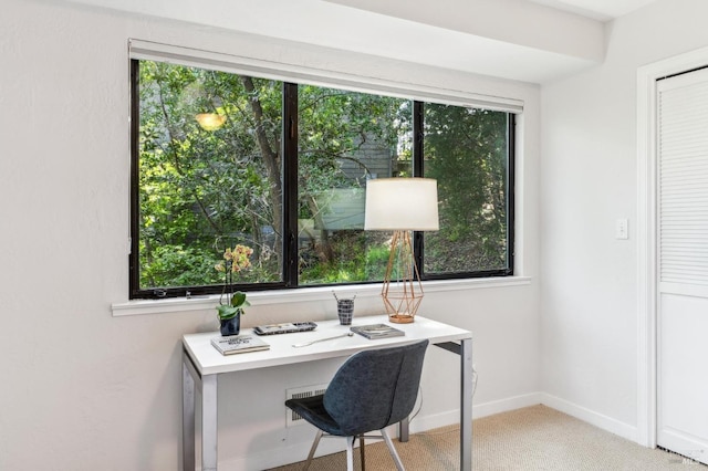 carpeted office space featuring baseboards and plenty of natural light