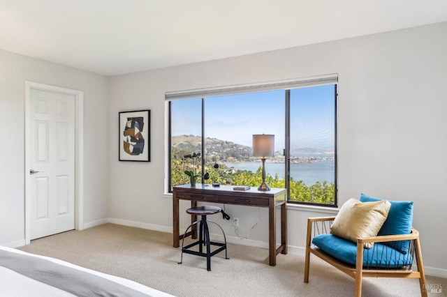 carpeted bedroom with baseboards, multiple windows, and a water view