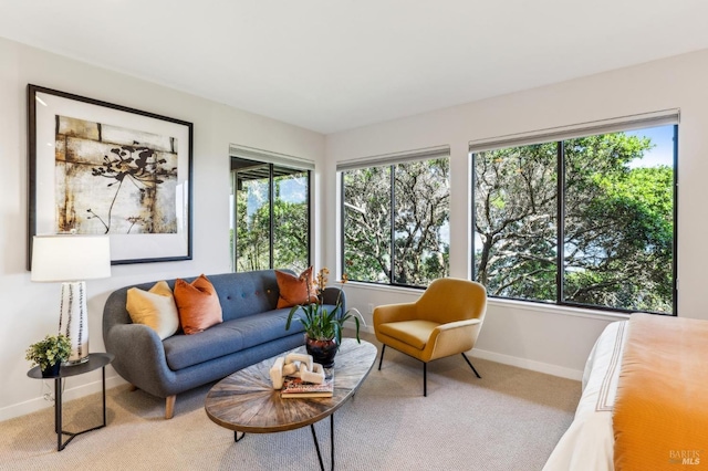sunroom with baseboards and carpet flooring