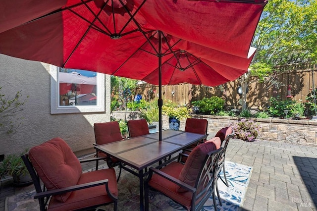 view of patio featuring a fenced backyard and outdoor dining space