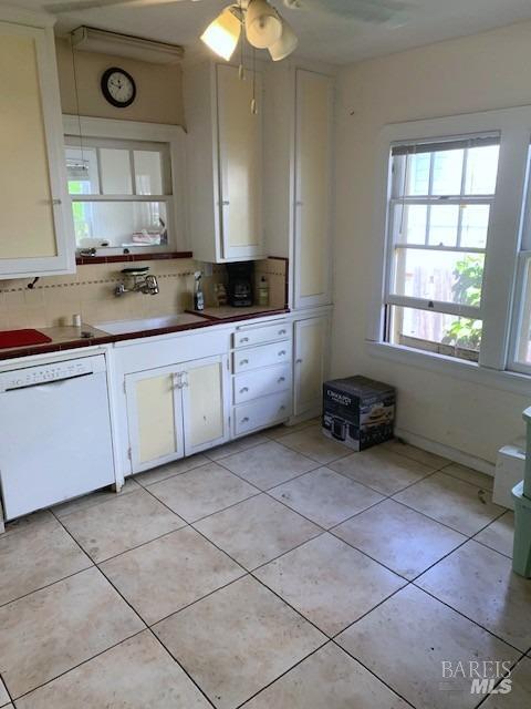 kitchen featuring backsplash, white cabinets, a sink, and dishwasher