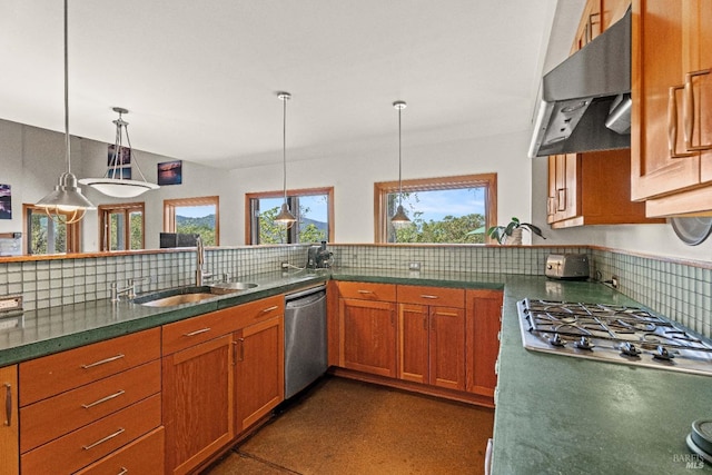kitchen with a sink, appliances with stainless steel finishes, decorative backsplash, and under cabinet range hood