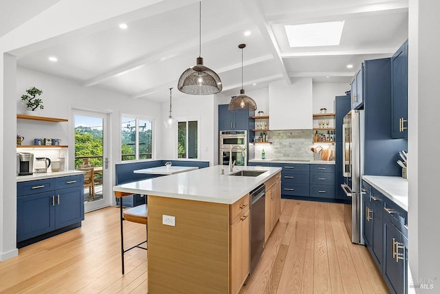 5 Oak Springs Dr, San Anselmo, CA 94960 - kitchen featuring a sink, open shelves, stainless steel appliances, and blue cabinets