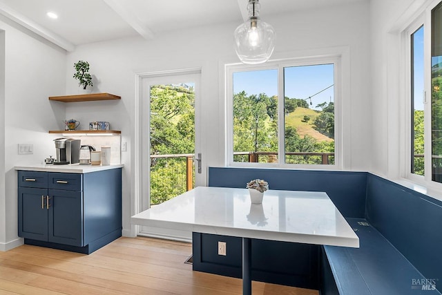 5 Oak Springs Dr, San Anselmo, CA 94960 - dining area featuring light wood-type flooring, beamed ceiling, breakfast area, indoor bar, and recessed lighting