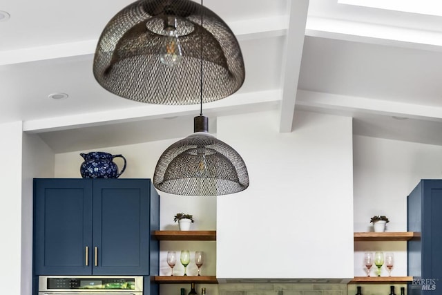 5 Oak Springs Dr, San Anselmo, CA 94960 - room details featuring beamed ceiling, open shelves, blue cabinetry, and a bar