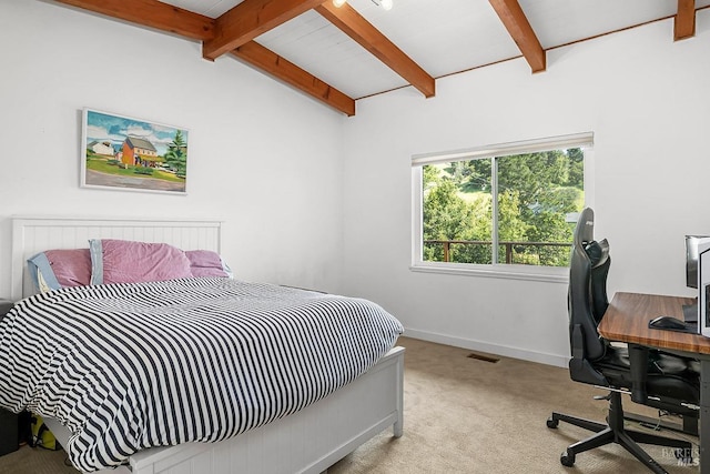 5 Oak Springs Dr, San Anselmo, CA 94960 - bedroom featuring baseboards, vaulted ceiling with beams, carpet, and visible vents