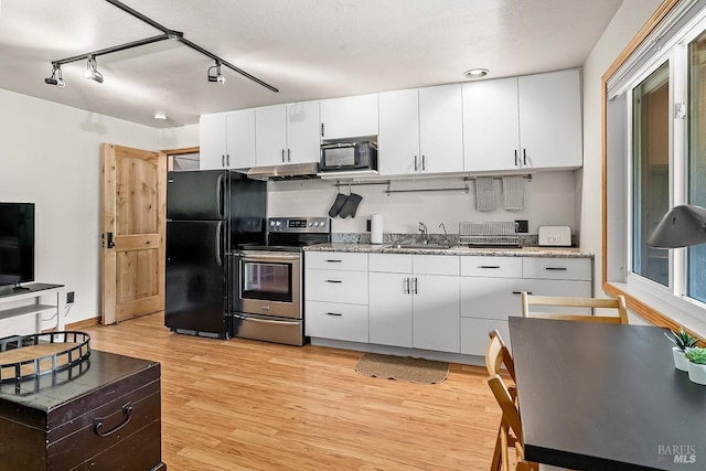 5 Oak Springs Dr, San Anselmo, CA 94960 - kitchen with a sink, white cabinets, black appliances, light wood finished floors, and under cabinet range hood