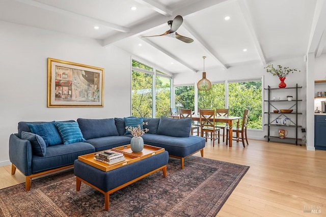 5 Oak Springs Dr, San Anselmo, CA 94960 - living area featuring ceiling fan, lofted ceiling with beams, a healthy amount of sunlight, and light wood finished floors