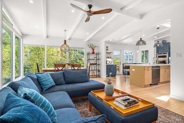 5 Oak Springs Dr, San Anselmo, CA 94960 - living area with recessed lighting, a ceiling fan, vaulted ceiling with beams, and light wood-style floors