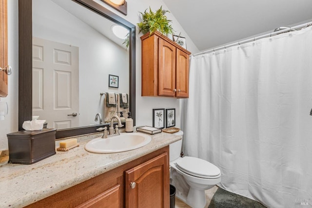 1300 Steele Canyon Rd, Napa, CA 94558 - bathroom featuring toilet, vaulted ceiling, curtained shower, and vanity