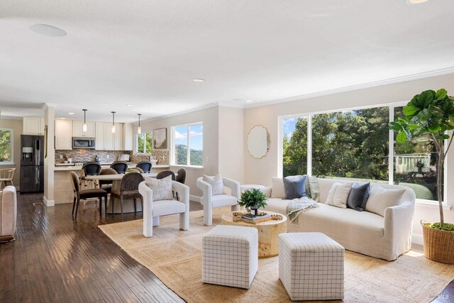 living area with crown molding, recessed lighting, wood-type flooring, and baseboards
