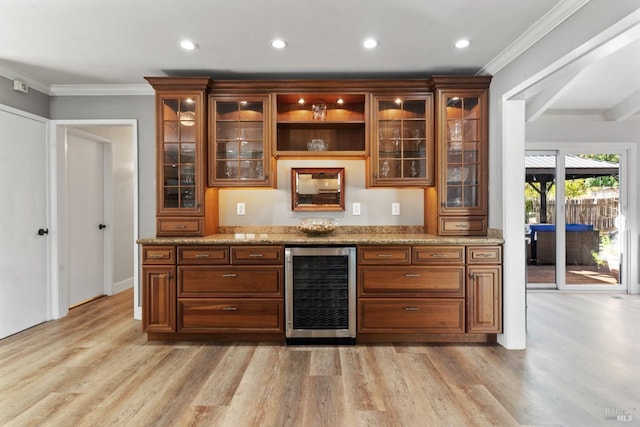 28 Washington St, Novato, CA 94947 - indoor dry bar featuring wine cooler, light wood-style flooring, crown molding, and recessed lighting
