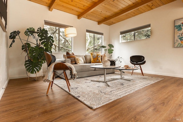living area with wooden ceiling, baseboards, and wood finished floors