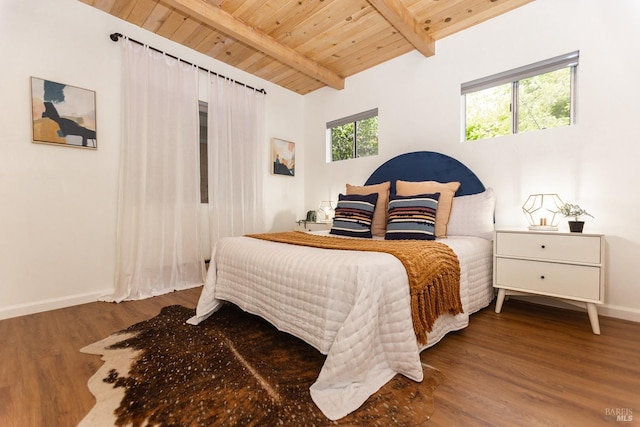 bedroom with vaulted ceiling with beams, baseboards, wooden ceiling, and wood finished floors