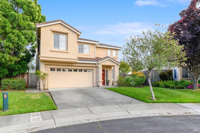 traditional home featuring an attached garage, stucco siding, a tiled roof, and fence