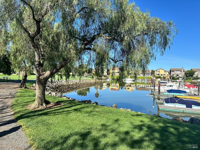 dock area with a yard and a water view
