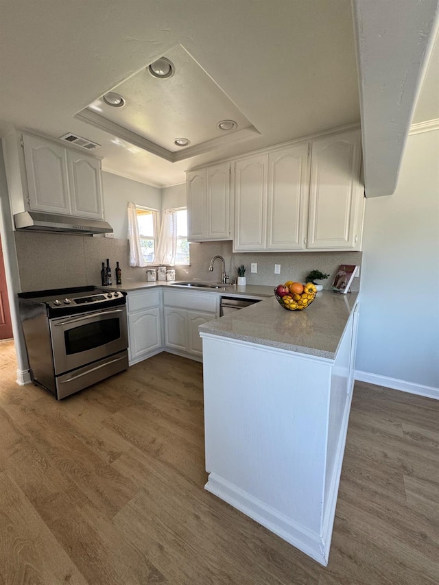 4647 Barbee Way, Sacramento, CA 95823 - kitchen with appliances with stainless steel finishes, a raised ceiling, a peninsula, white cabinets, and wood finished floors