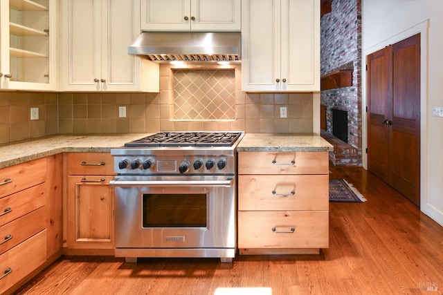 kitchen with decorative backsplash, high end range, wood finished floors, and range hood