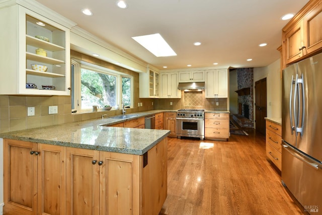 kitchen featuring light stone countertops, under cabinet range hood, a sink, light wood finished floors, and appliances with stainless steel finishes