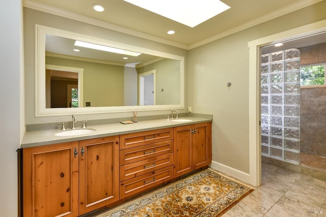 bathroom with recessed lighting, a sink, crown molding, and double vanity