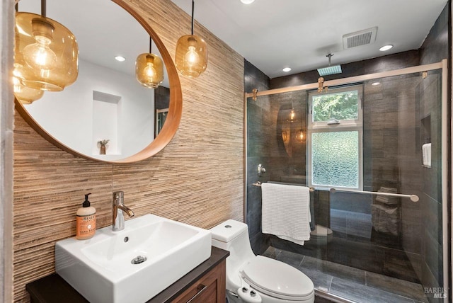 269 Castro St, Lagunitas, CA 94938 - full bathroom featuring visible vents, vanity, toilet, tile walls, and a shower stall