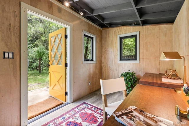 269 Castro St, Lagunitas, CA 94938 - interior space featuring wooden walls, wood ceiling, beam ceiling, and wood finished floors