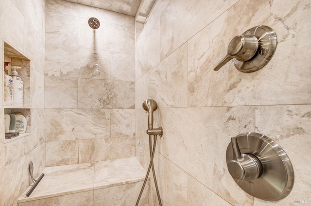 interior details featuring a tile shower
