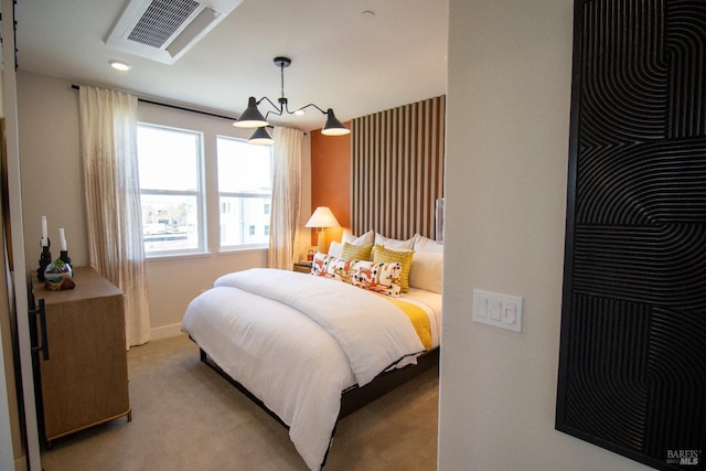 bedroom featuring light colored carpet, recessed lighting, and visible vents