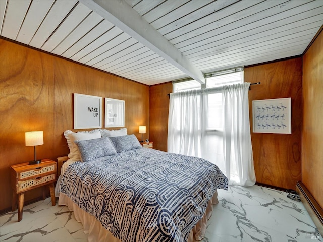 bedroom with beamed ceiling, wood walls, baseboard heating, and marble finish floor