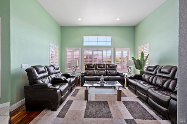 1216 Hermitage Way, Rohnert Park, CA 94928 - living area with recessed lighting, baseboards, a towering ceiling, and wood finished floors