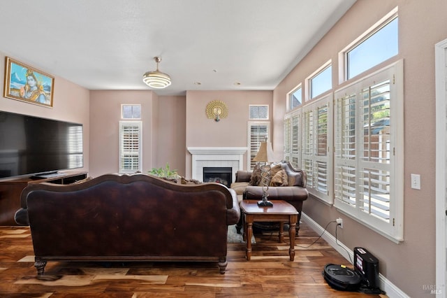 1216 Hermitage Way, Rohnert Park, CA 94928 - living room featuring baseboards, plenty of natural light, a fireplace, and wood finished floors