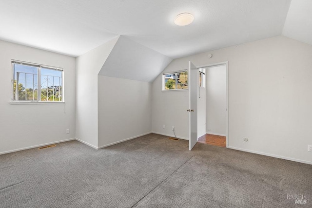 additional living space with carpet flooring, baseboards, vaulted ceiling, and visible vents