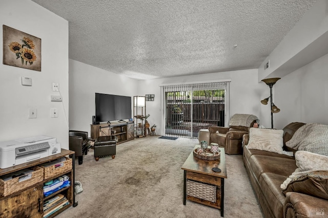 carpeted living area with a textured ceiling and visible vents