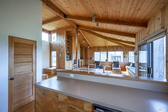 360 Grey Whale, The Sea Ranch, CA 95497 - kitchen featuring wood walls, lofted ceiling with beams, a wealth of natural light, and wood ceiling