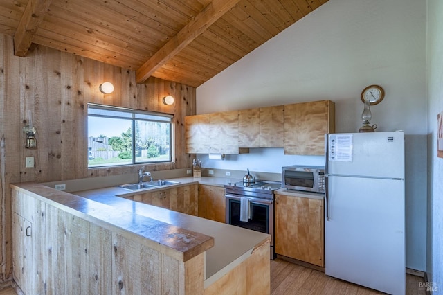 360 Grey Whale, The Sea Ranch, CA 95497 - kitchen with appliances with stainless steel finishes, a sink, light wood finished floors, a peninsula, and wooden ceiling