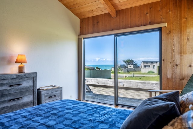360 Grey Whale, The Sea Ranch, CA 95497 - bedroom with access to outside, wood walls, lofted ceiling with beams, and wooden ceiling