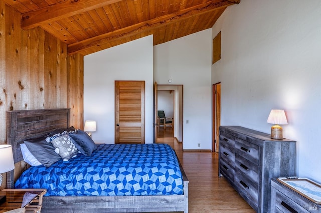 360 Grey Whale, The Sea Ranch, CA 95497 - bedroom with wood walls, wood finished floors, beamed ceiling, high vaulted ceiling, and wood ceiling