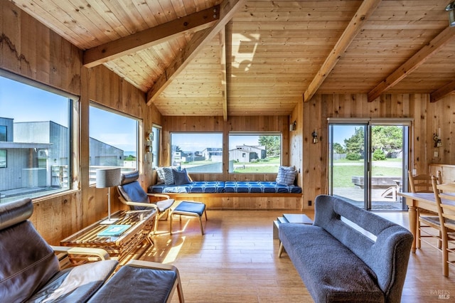 360 Grey Whale, The Sea Ranch, CA 95497 - living room with wood walls, lofted ceiling with beams, wood ceiling, and hardwood / wood-style flooring