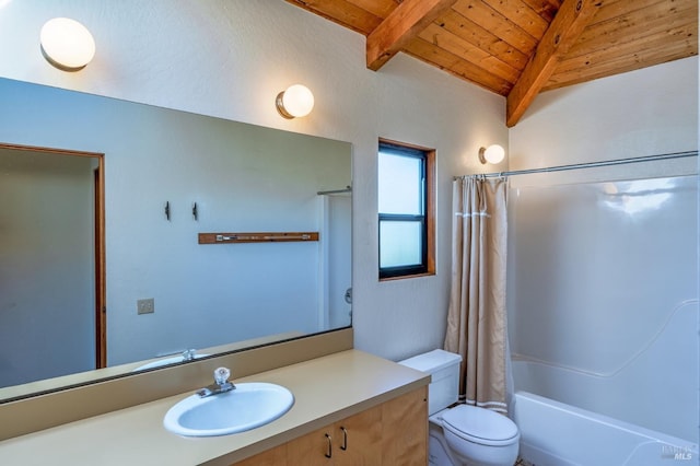 360 Grey Whale, The Sea Ranch, CA 95497 - full bath featuring vanity, beam ceiling, toilet, wood ceiling, and shower / tub combo