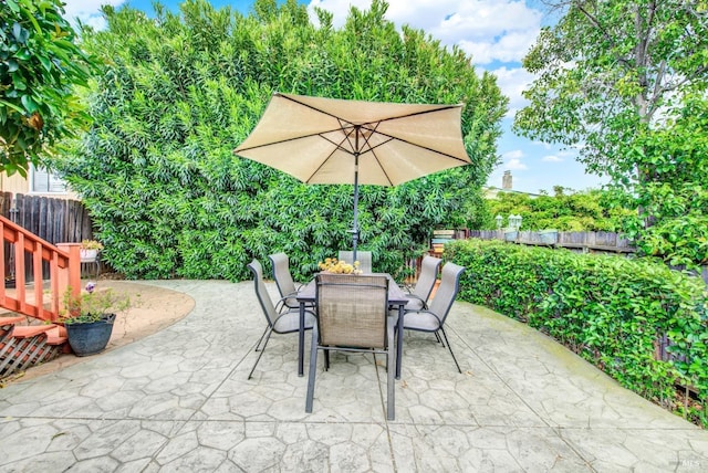 view of patio / terrace featuring fence and outdoor dining space