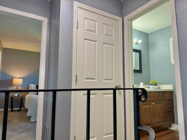 interior space with a textured wall and vanity