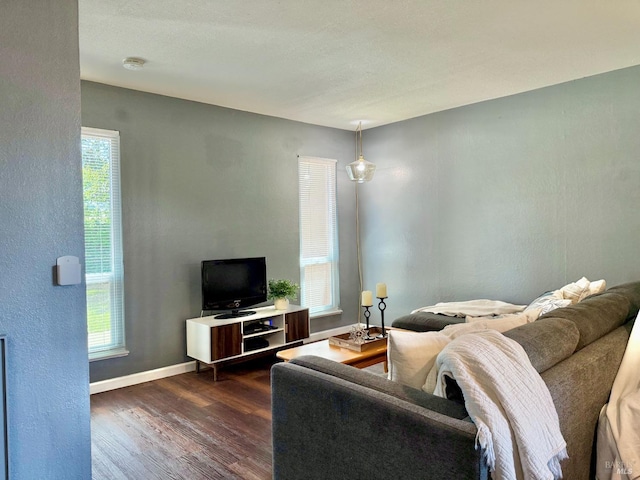 living area featuring baseboards, a textured wall, and dark wood-style flooring