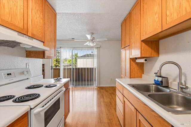 kitchen featuring white range with electric cooktop, light countertops, a textured ceiling, under cabinet range hood, and a sink