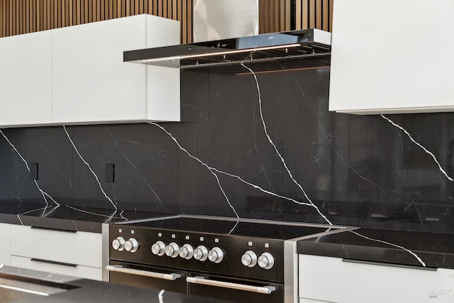 room details featuring under cabinet range hood, backsplash, black electric range, and white cabinetry