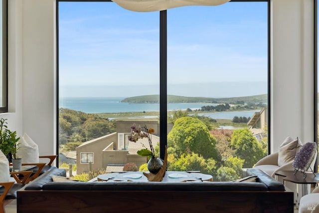 interior space with a water view