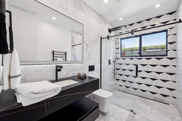 full bath with tile walls, a shower stall, recessed lighting, and marble finish floor