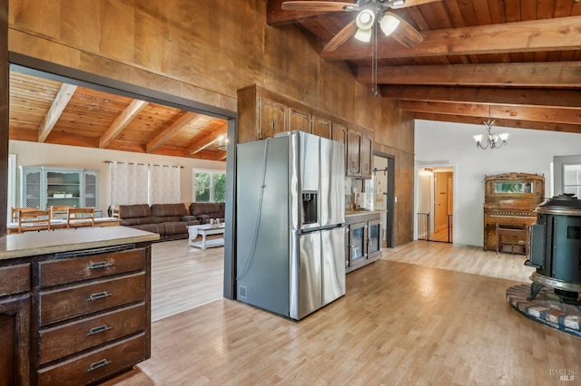 kitchen with stainless steel fridge with ice dispenser, beamed ceiling, wooden ceiling, light wood-style floors, and ceiling fan