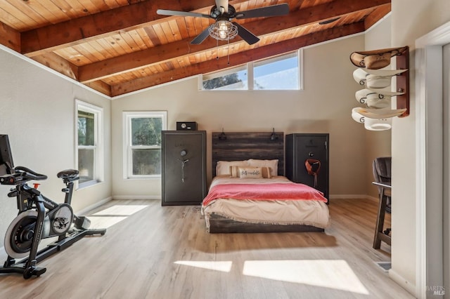 bedroom featuring wooden ceiling, multiple windows, baseboards, and light wood finished floors