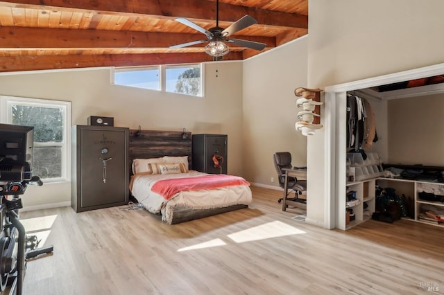 bedroom featuring wooden ceiling, light wood finished floors, baseboards, and a desk