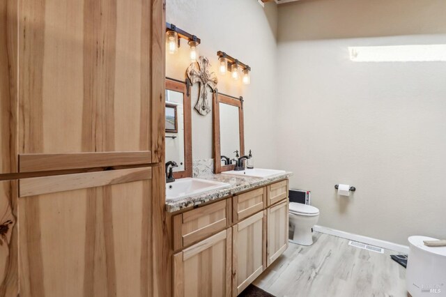 full bathroom featuring toilet, double vanity, wood finished floors, and baseboards
